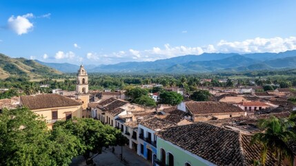 Poster - Elevated view of a picturesque Cuban town nestled in a valley, showcasing terracotta rooftops, a bell tower, and lush green mountains under a vibrant blue sky. : Generative AI