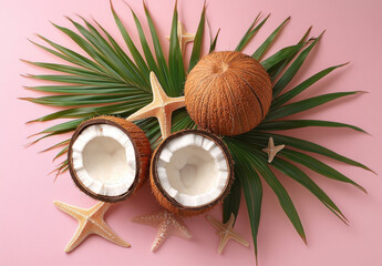 Poster - Tropical summer composition: whole coconut, two halves of coconut, starfish, and palm leaf on pink background. : Generative AI