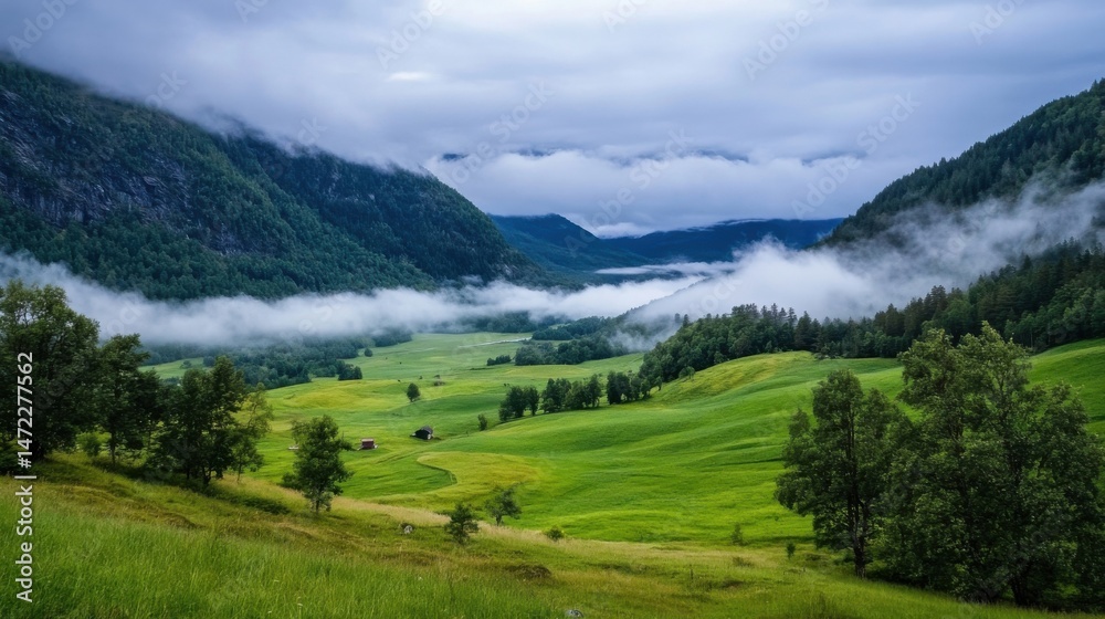 Serene valley landscape with mist-covered mountains and lush green fields, showcasing a tranquil rural scene. : Generative AI