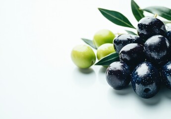 Aufkleber - Closeup of Kalamata and green olives with leaves on a white background, showcasing their rich color and texture. Ideal for culinary, healthy food, or Mediterranean themes. : Generative AI