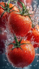 Poster - Juicy red tomatoes splashing in water, vibrant colors and fresh produce, perfect for healthy eating and culinary themes. : Generative AI