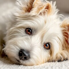 Poster - Adorable West Highland White Terrier puppy resting its head, showcasing its fluffy white fur and expressive amber eyes.  The dog's relaxed posture conveys a sense of peace and contentm : Generative AI