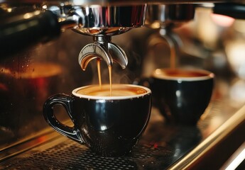 Aufkleber - Espresso machine pouring rich, dark coffee into a small black cup, creating a warm, inviting atmosphere in a cafe setting. : Generative AI