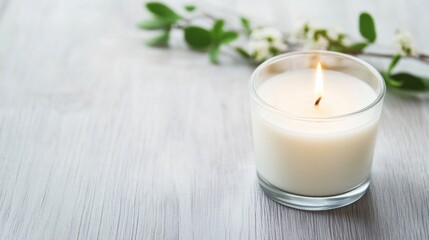 Poster - A lit white candle in a glass jar sits on a light gray wooden surface, next to a sprig of blossoming white flowers and green leaves. : Generative AI