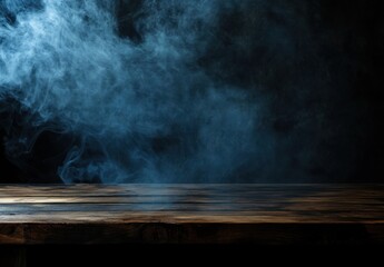 Poster - Dark wooden table with blue smoke rising in the background, creating a mysterious and moody atmosphere, perfect for product display or fantasy themes. : Generative AI