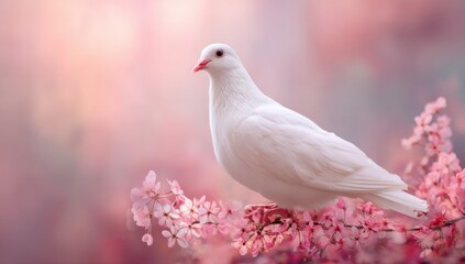 Aufkleber - Serene white dove perched gracefully on delicate pink cherry blossoms, bathed in soft, pastel light. A symbol of peace and spring. : Generative AI
