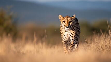 Poster - A cheetah strides purposefully through tall, golden savanna grass, its gaze fixed ahead, bathed in the warm light of the setting sun. : Generative AI