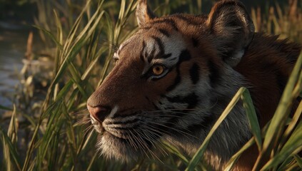 Aufkleber - Close-up portrait of a majestic tiger, its amber eyes gleaming in the golden sunlight filtering through tall grasses near a tranquil water source. : Generative AI