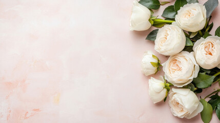 Aufkleber - Elegant arrangement of creamy white roses on a soft pink textured background, perfect for wedding invitations or romantic designs. : Generative AI