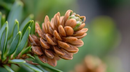 Aufkleber - Closeup of a young, brown pine cone on a branch with vibrant green needles, showcasing intricate details and natural textures. : Generative AI
