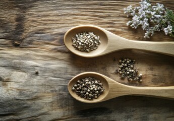 Aufkleber - Overhead shot of two wooden spoons filled with dried herbs and peppercorns, resting on a rustic wooden surface, accompanied by a sprig of delicate white flowers. : Generative AI
