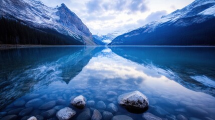 Poster - Serene mountain lake reflecting a stunning sunrise, showcasing tranquil blue waters and smooth, clear reflections of snow-capped peaks and a pristine shoreline. : Generative AI