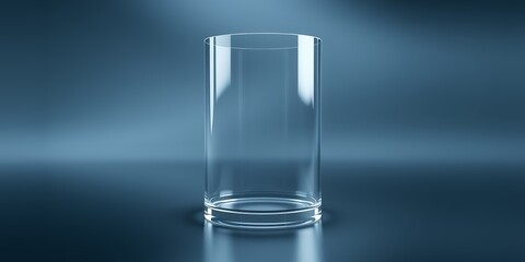 Poster - A clear cylindrical glass stands alone on a smooth surface against a blurred blue backdrop