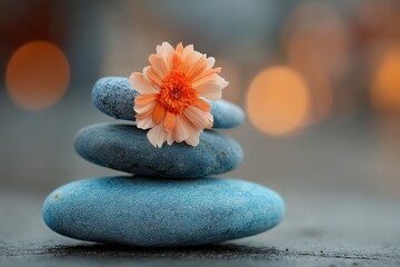 Aufkleber - Serene Stack of Blue Stones Topped with a Delicate Peach Flower, a Symbol of Tranquility and Balance. : Generative AI