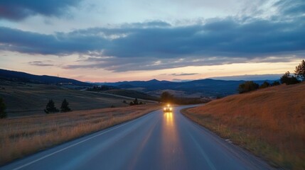 Poster - A lone car drives along a winding mountain road at sunset, the warm light illuminating the landscape and casting long shadows. : Generative AI