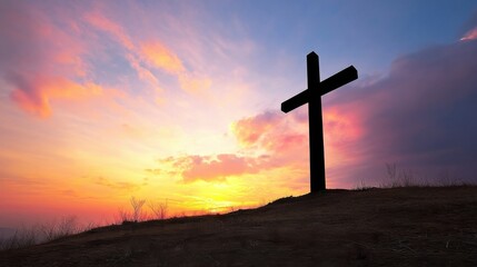 Aufkleber - Silhouette of a large wooden cross standing on a hilltop at sunset, with vibrant pink, orange, and purple clouds in the sky. : Generative AI