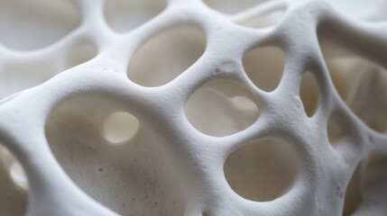 Fototapete - Close-up view of a porous, off-white, organic-looking structure with irregular holes and cavities, resembling a sponge or bone texture. : Generative AI