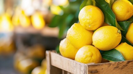 Aufkleber - Close-up view of ripe, yellow lemons in a rustic wooden crate, surrounded by vibrant green leaves, suggesting a fresh, citrusy harvest. : Generative AI