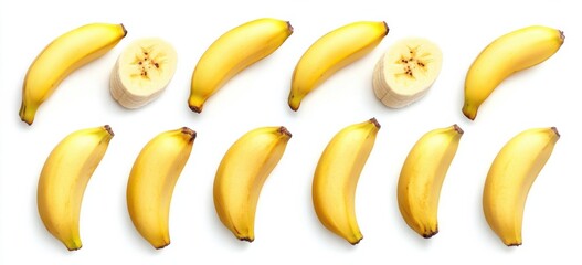 Aufkleber - Ten ripe yellow bananas arranged in two rows, with two banana slices in the center, isolated on a white background.  Perfect for healthy eating, tropical themes, or food-related projec : Generative AI