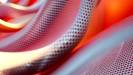 Abstract macro of flowing, perforated tubular structures with intricate mesh texture, bathed in glowing warm orange and red light