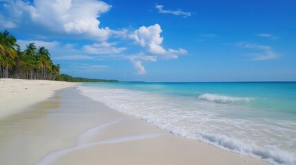 Poster - Serene tropical beach scene with palm trees, white sand, and turquoise water under a bright blue sky, perfect for vacation or travel imagery. : Generative AI
