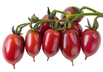Aufkleber - A cluster of eight ripe, dark red, elongated cherry tomatoes on the vine, isolated on a white background, showcasing their glossy texture and vibrant color. : Generative AI
