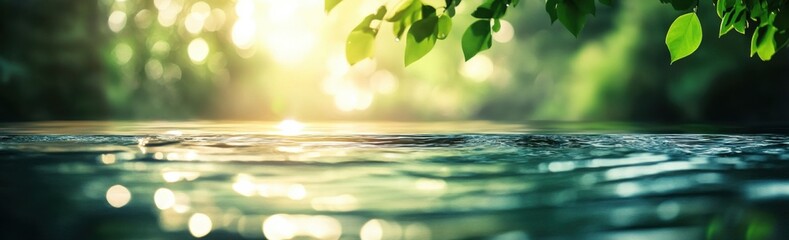 Leinwandbilder - Serene water surface reflecting sunlight, with lush green leaves and bokeh background creating a tranquil, natural scene. : Generative AI