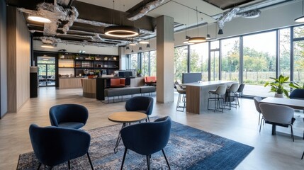 Aufkleber - Modern office lounge with comfortable seating, large windows offering natural light, and a minimalist design aesthetic. : Generative AI