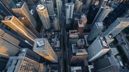 Aufkleber - Aerial view of a dense cityscape at sunset, showcasing numerous skyscrapers and city streets from a high-altitude perspective. : Generative AI
