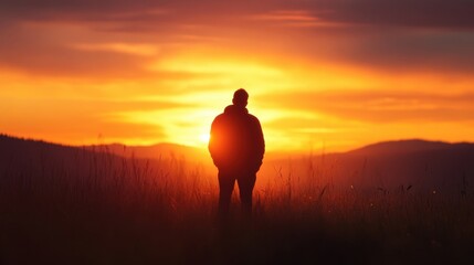 Poster - Silhouette of a man standing in tall grass, watching a vibrant sunset over a mountain range. The warm, golden light illuminates the scene, creating a peaceful and contemplative atmosph : Generative AI