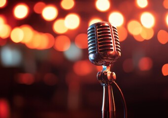 Aufkleber - Vintage microphone on stage with warm, orange bokeh lights, ready for a live performance or recording session.  The metallic microphone gleams under the stage lighting. : Generative AI
