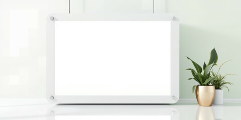 Poster - A blank white frame on a white surface with two potted plants next to it on a light green wall