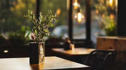 Poster - Sunlight illuminates a small potted plant on a cafe table, creating a warm and inviting atmosphere. The background features blurred windows and cafe furniture, suggesting a relaxed set : Generative AI