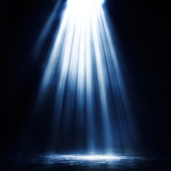 Leinwandbilder - A single, bright, blue spotlight illuminates a dark, reflective surface, creating a dramatic, ethereal, and mysterious atmosphere, perfect for showcasing products or adding a touch of  : Generative AI