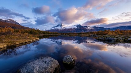 Poster - Serene autumnal landscape reflecting in a still lake, snow-capped mountains under a vibrant sunset sky, showcasing the beauty of nature's tranquility. : Generative AI