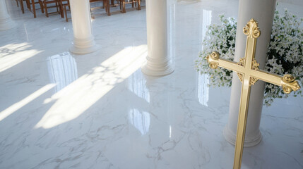 Poster - Ornate gold cross stands in a sunlit church, surrounded by white flowers, reflecting on the marble floor. : Generative AI