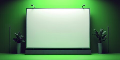 Poster - A blank white billboard with a green background and plants in pots on either side of it