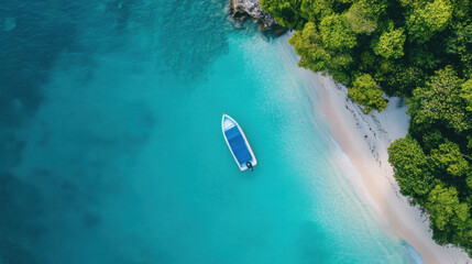 Aufkleber - Aerial view of a small boat anchored in turquoise water near a secluded tropical beach bordered by lush green vegetation. : Generative AI