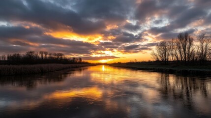 Fototapete - Serene sunset over a calm river, reflecting the vibrant orange and gold hues of the sky, with silhouettes of trees lining the banks. : Generative AI