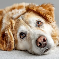 Poster - A senior golden retriever dog rests its head on a light gray surface, its amber eyes gazing thoughtfully, showing signs of age and wisdom in its gentle expression. : Generative AI