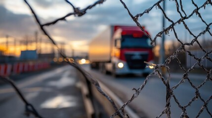 Aufkleber - A semi-truck drives past a weathered chain-link fence at sunset, the blurry background suggesting a highway construction zone. : Generative AI