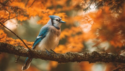 Leinwandbilder - A blue jay perched on a branch, surrounded by vibrant autumn foliage, showcasing its striking blue and white plumage against the warm orange and brown background. : Generative AI
