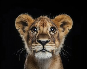 Poster - A captivating portrait of a young lion cub, its large, expressive eyes gazing directly at the camera against a stark black background. The cub's soft fur and delicate features are high : Generative AI