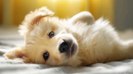Poster - Adorable Golden Retriever Puppy Relaxing on Soft Bedding, Bathed in Warm Sunlight : Generative AI