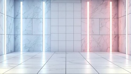 Poster - modern minimalist interior with pink neon lights illuminating a marble wall and floor design for con