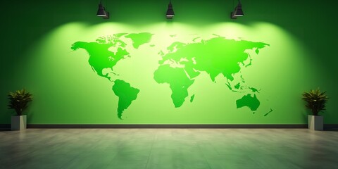Poster - Green wall with world map and plants in pots under lights in a modern looking room
