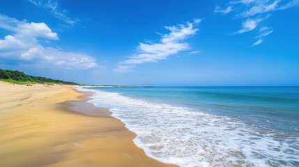 Poster - Serene coastal scene: golden sand beach meets turquoise ocean under a vibrant blue sky with fluffy white clouds. Tranquil summer day at the shore. : Generative AI