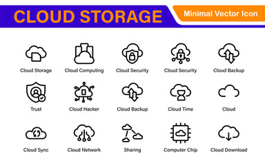 Poster - Cloud Storage Backup Icon Set – Minimal Outline Vector Illustrations for Secure Data, Sync, Upload, and File Protection – Modern Line Icons