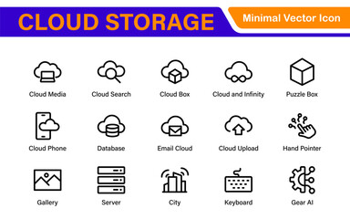 Poster - Cloud Storage Backup Icon Set – Minimal Outline Vector Illustrations for Secure Data, Sync, Upload, and File Protection – Modern Line Icons