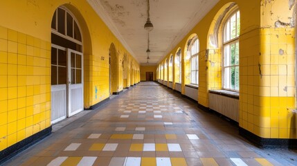 Aufkleber - Long, yellow hallway in an abandoned building with aged tiled floor and arched windows, showing signs of decay and neglect. : Generative AI